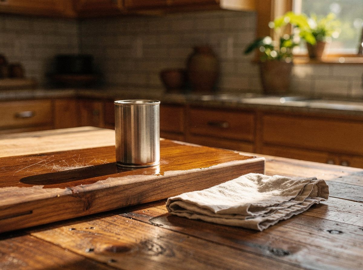 Tin of beeswax cutting board oil next to a partially oiled wooden cutting board