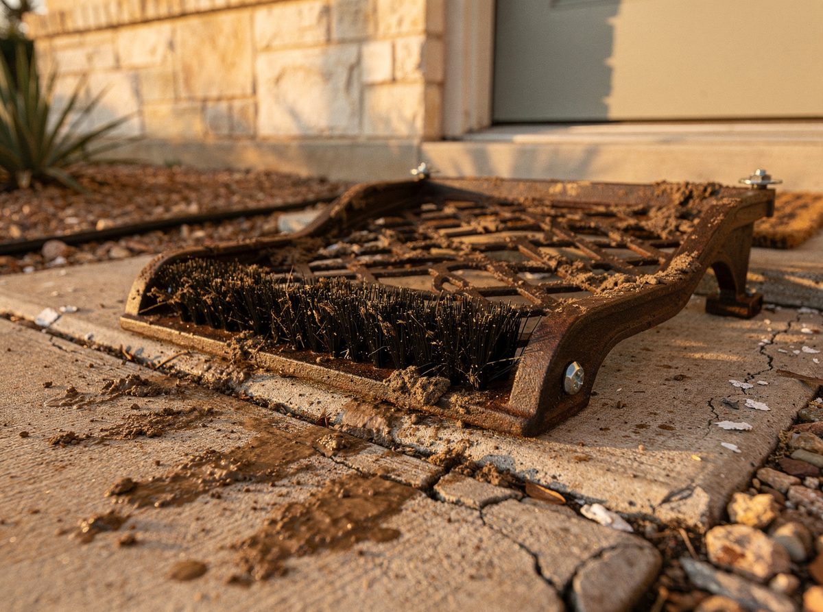 Cast iron boot scraper mounted at a house entrance step