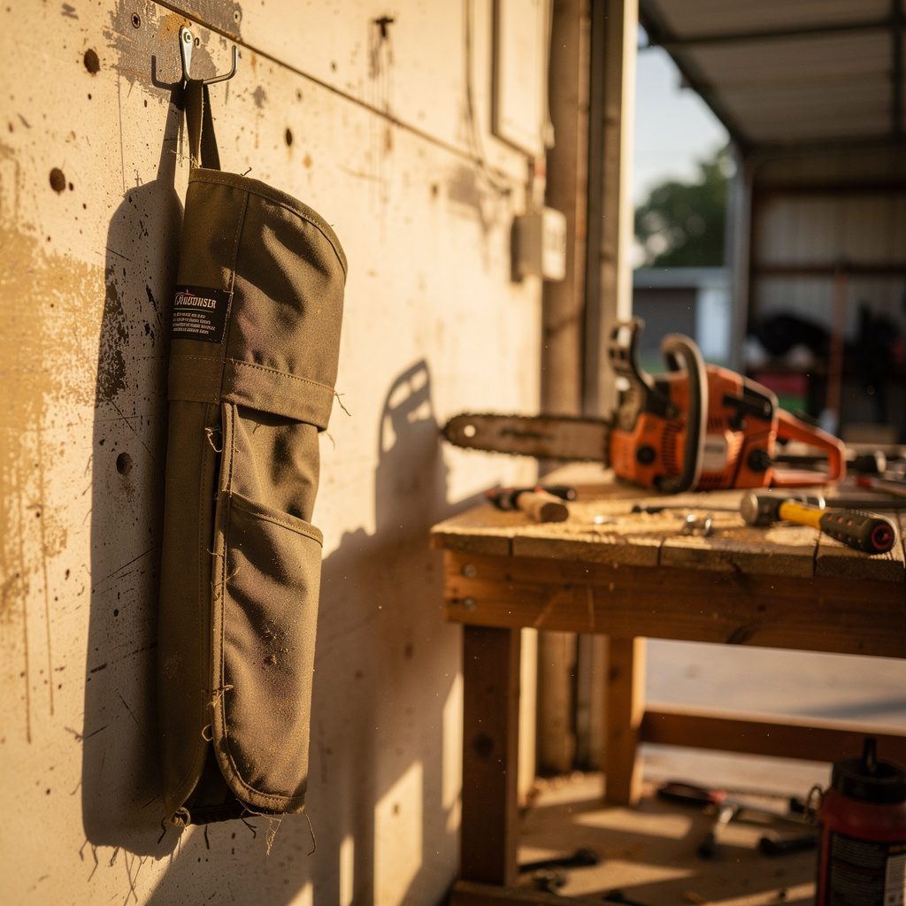 Layered ballistic nylon chainsaw chaps hanging on a workshop peg