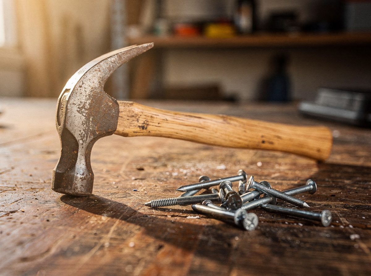Forged claw hammer with a hickory handle resting on a workbench