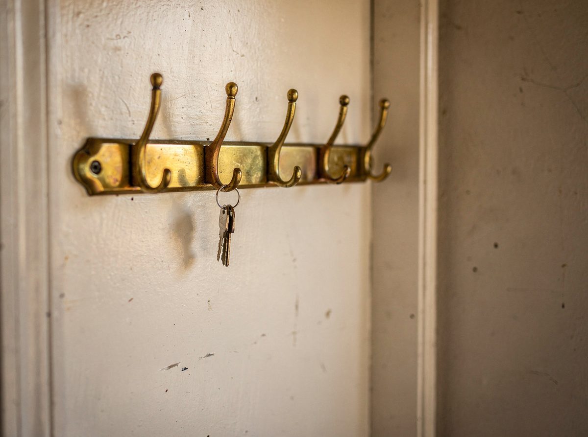 Row of brass coat hooks by a front door with keys hanging