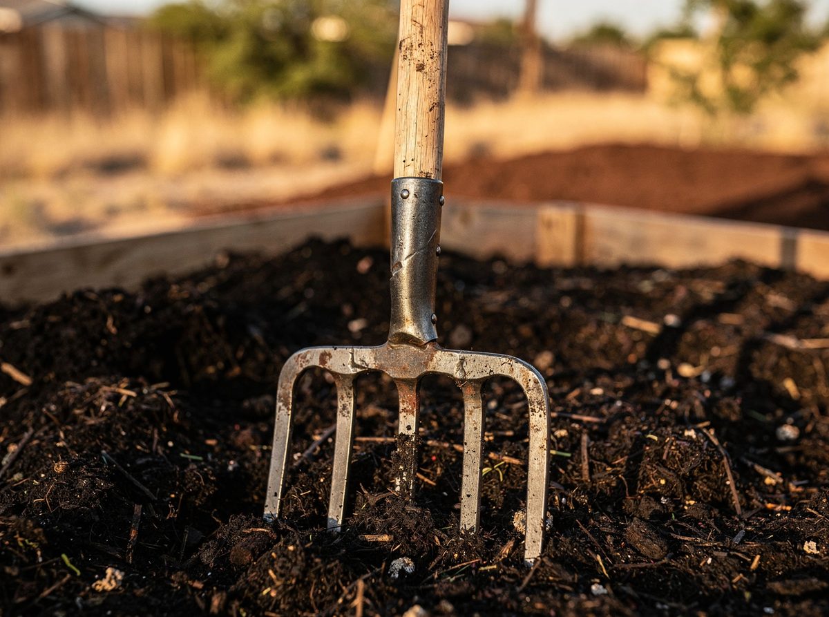 Forged steel compost turning fork standing in a compost heap