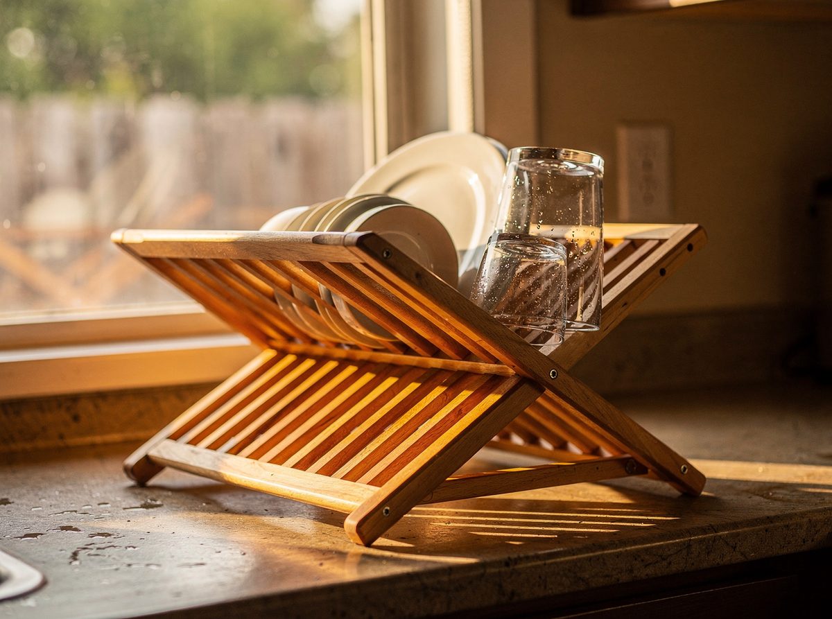 Folding beech wood dish rack with plates drying in it