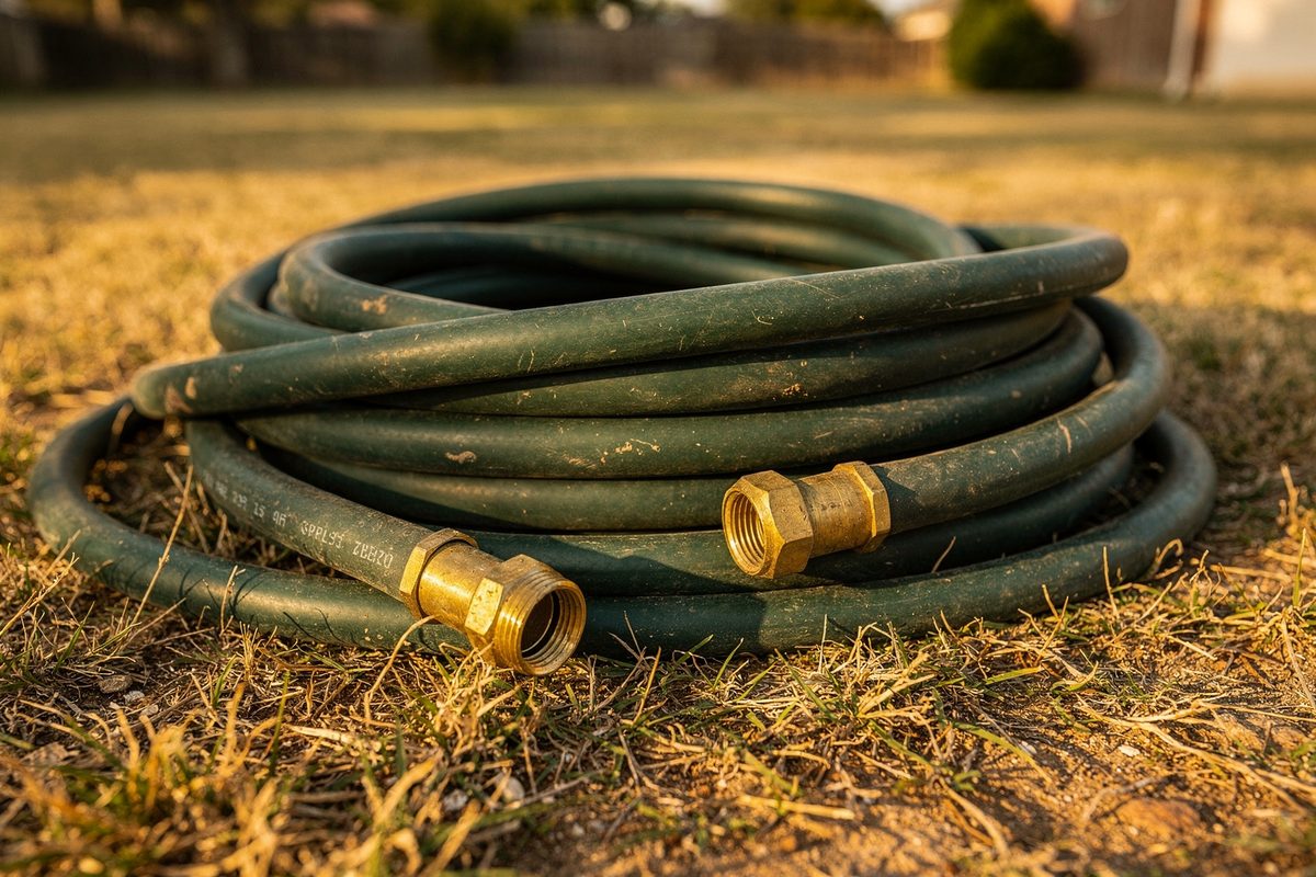 Coiled rubber garden hose with brass fittings on a lawn