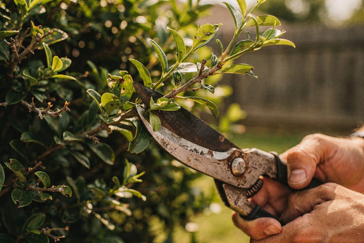 Close-up of a hedge branch mid-cut by pruning shears