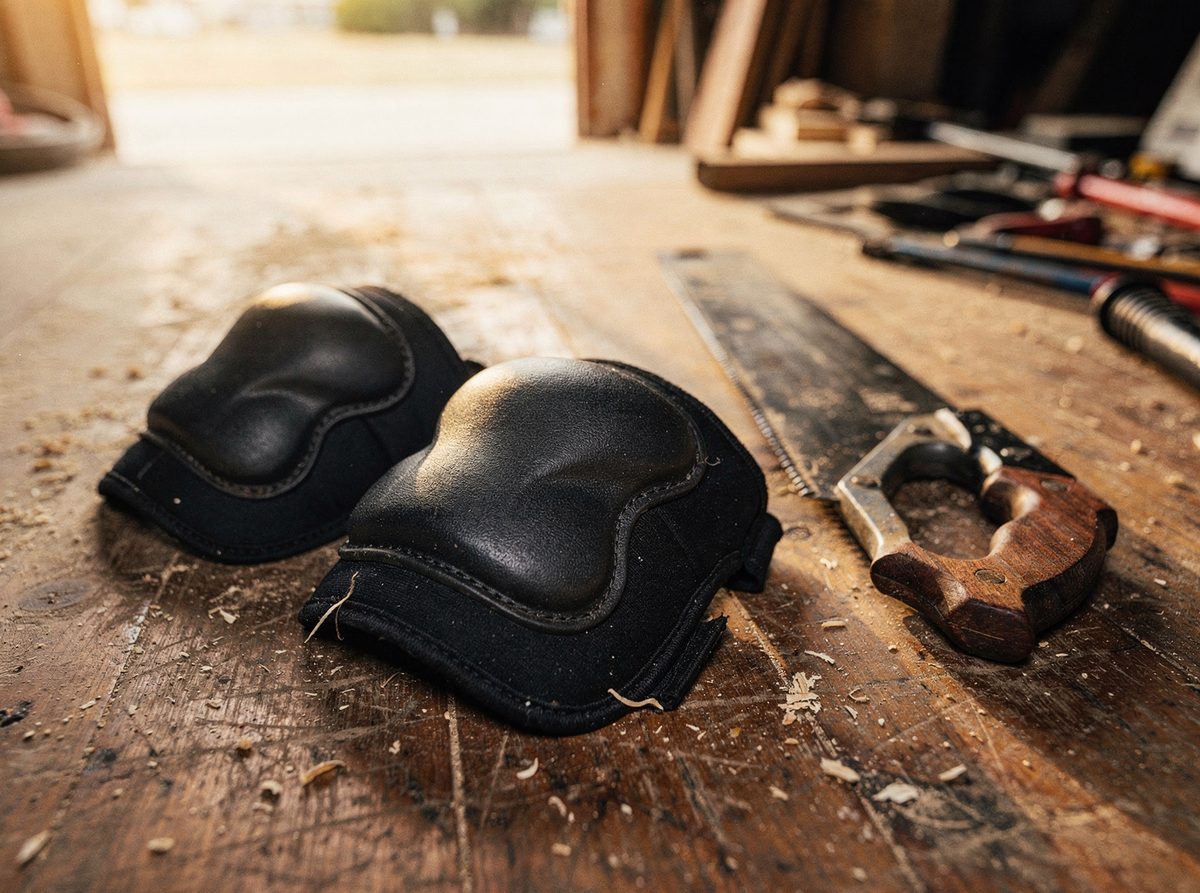 Pair of gel insert knee pads lying on a workshop floor