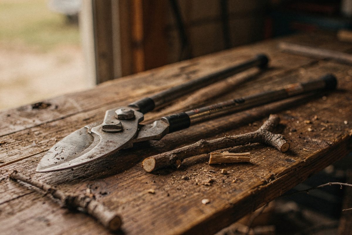 Bypass loppers with carbon steel blade resting on a wooden workbench