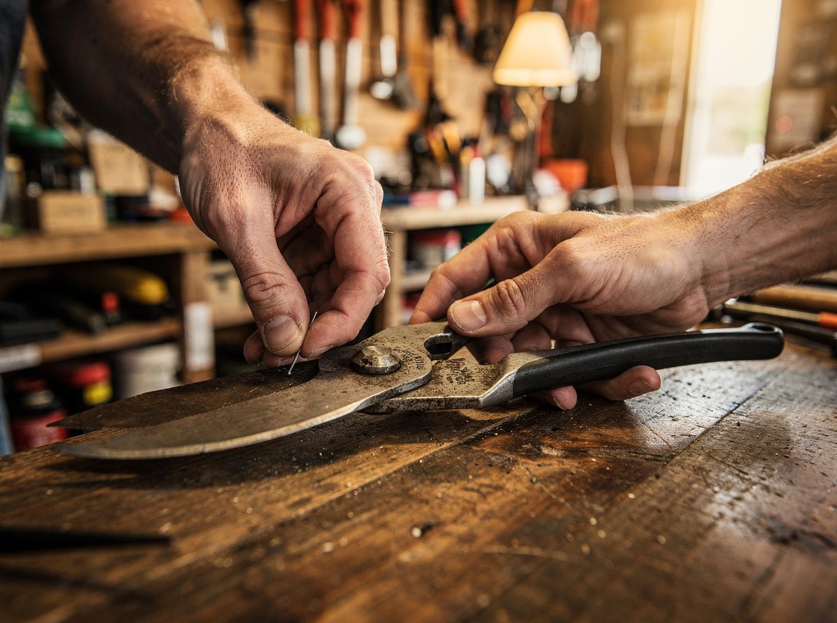 Hands inspecting a lopper blade at a counter before it goes on the shelf