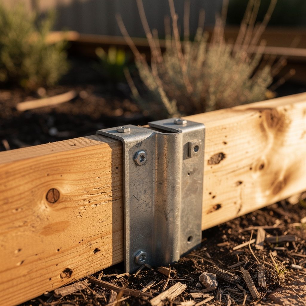 Close-up of the tool-free corner bracket joining two cedar boards