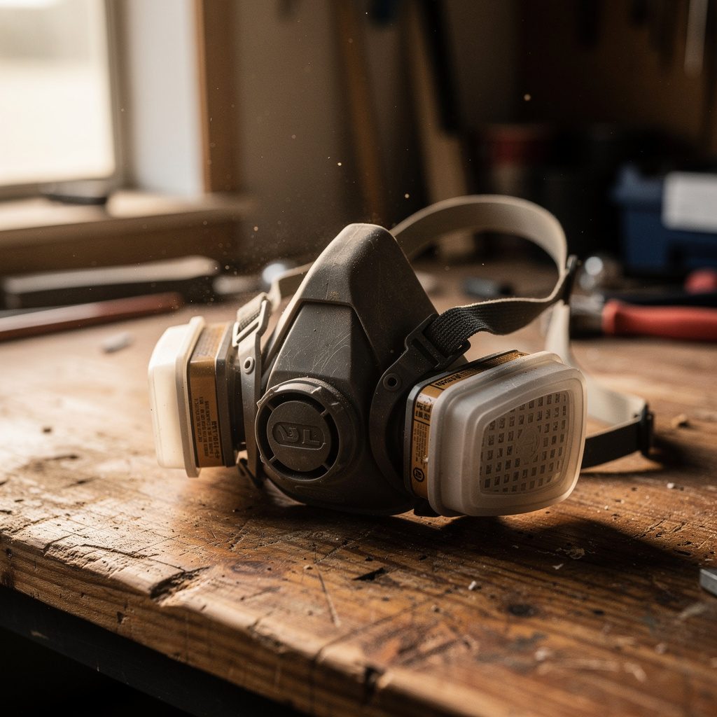 Half-face respirator with two cartridges resting on a workbench