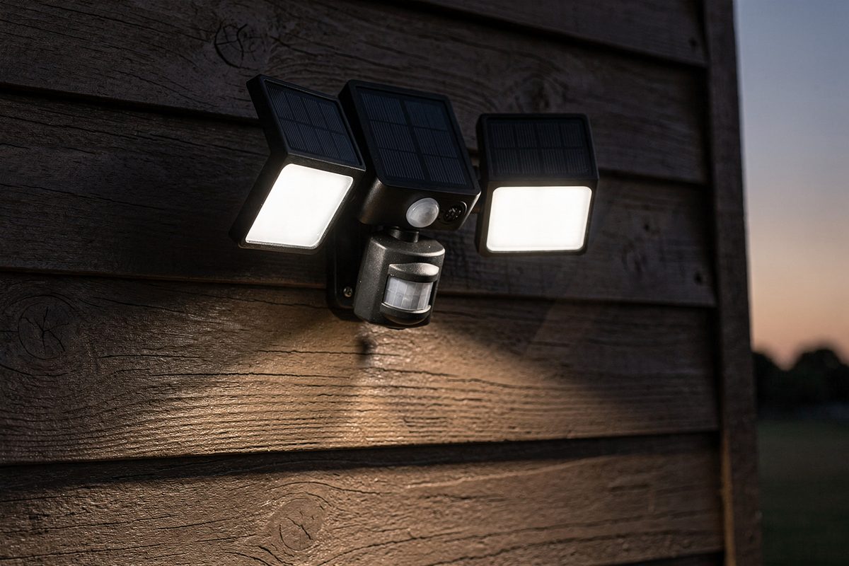 Solar security light with three-panel head mounted on a house wall at dusk