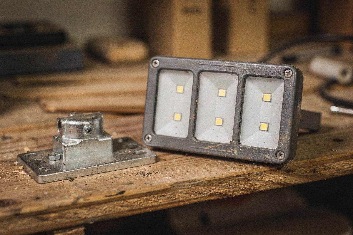 Solar security light head resting on a shop shelf