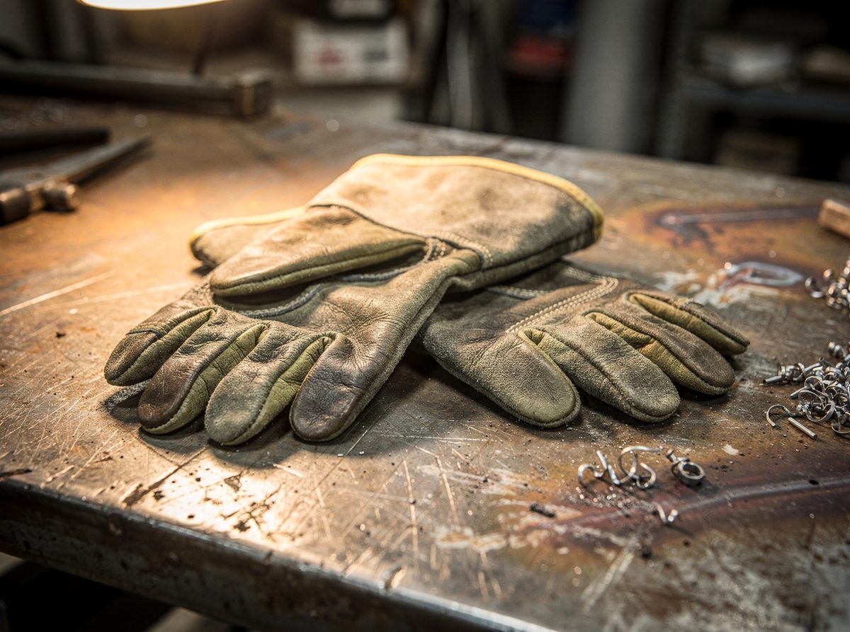 Pair of split leather welding gloves with gauntlet cuffs on a metal workbench