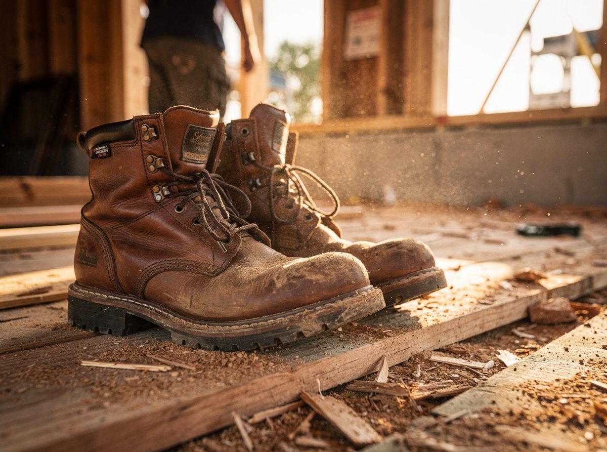 Pair of leather steel-toe work boots on a job site floor