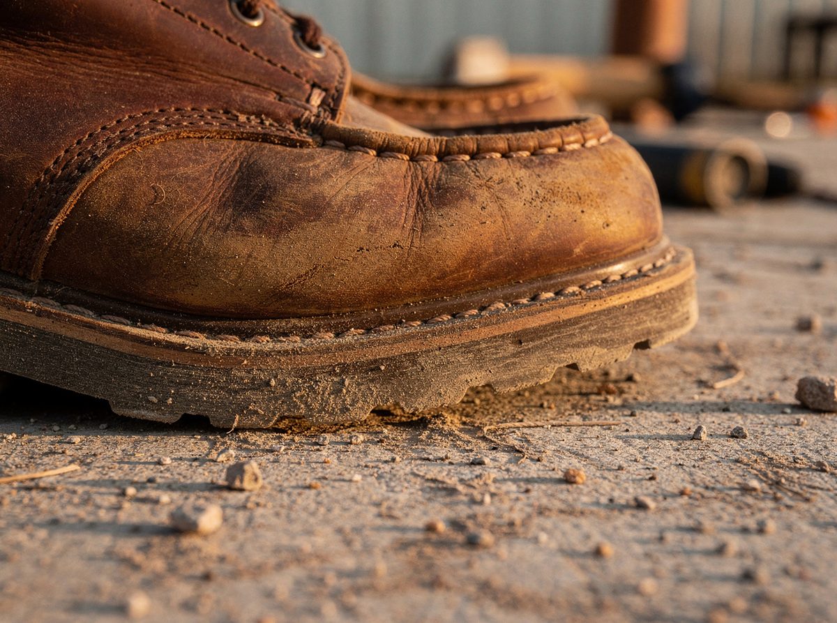 Close-up of a steel-toe work boot sole and stitching
