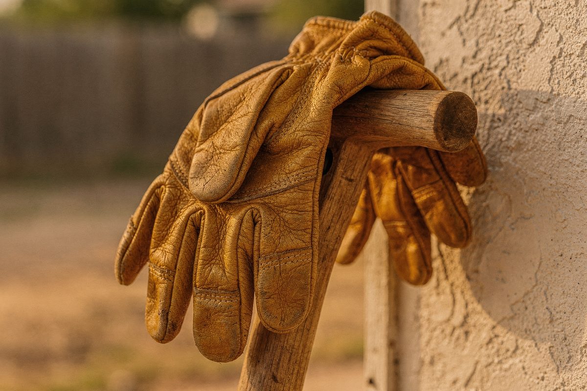 Leather work gloves draped over a tool handle